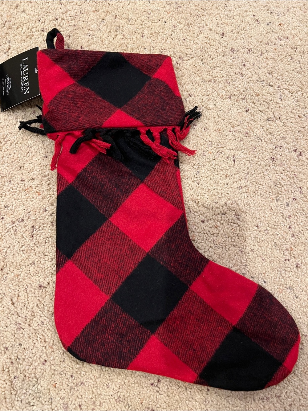 Lauren Ralph Lauren Red and Black Buffalo Plaid Holiday Stocking with Fringe
